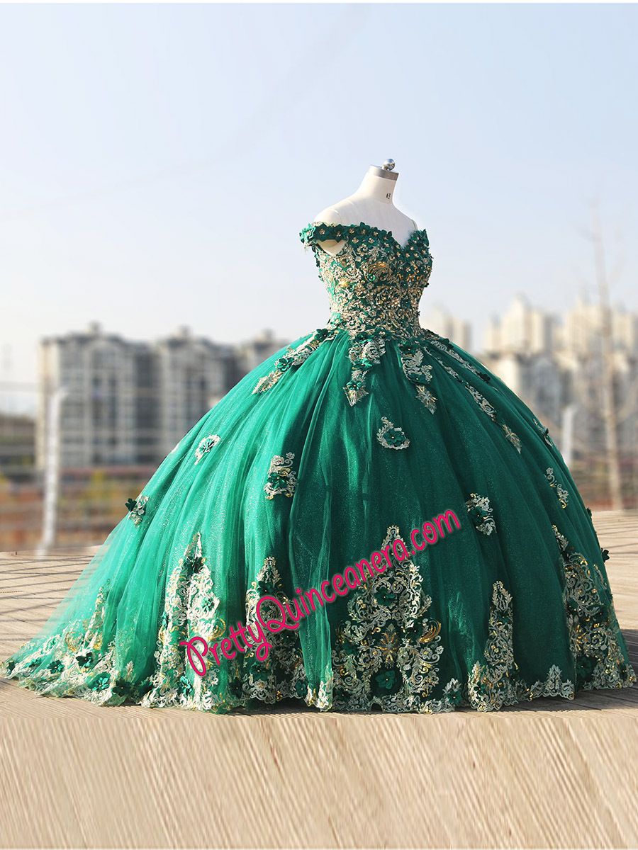 Glitter Tulle 3D Flowers Off Shoulder Lace-up Back Closure Quinceanera Dress with Bolero Jacket