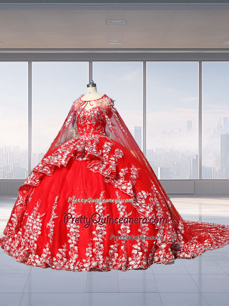 Red Silver Two-tier High-low Detachable Skirt Corset Bodice Long Chapel Train Quinceanera Gown with Cape