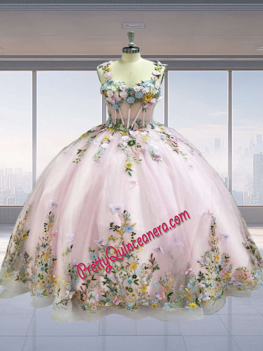 Custom Made 3D Butterfly and Flowers Pink Straps Quinceanera Dress with Sweep Train