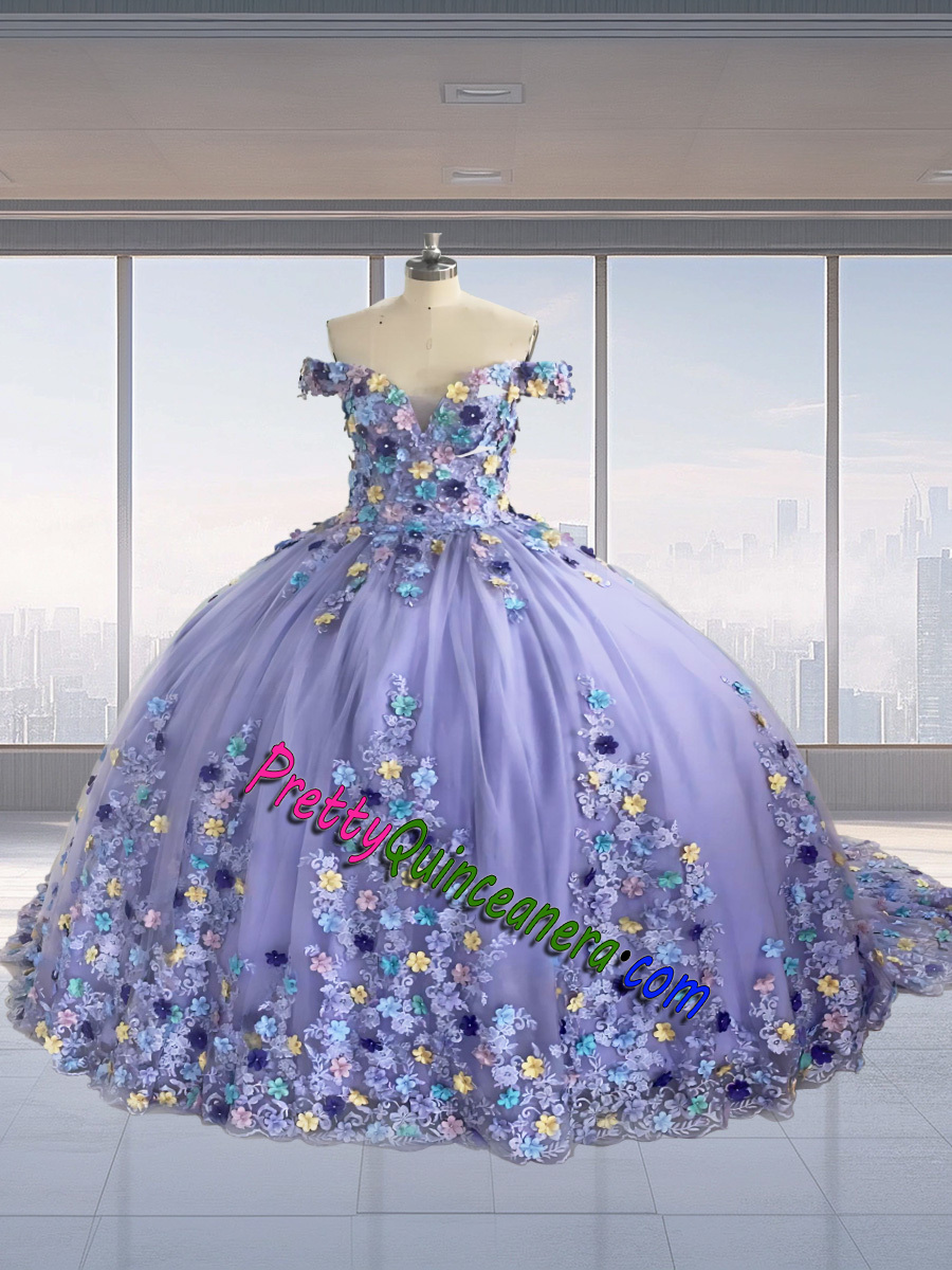 Custom Made Lilac Off Shoulder Colorful Handmade 3D Flower Quinceanera Gown with Train