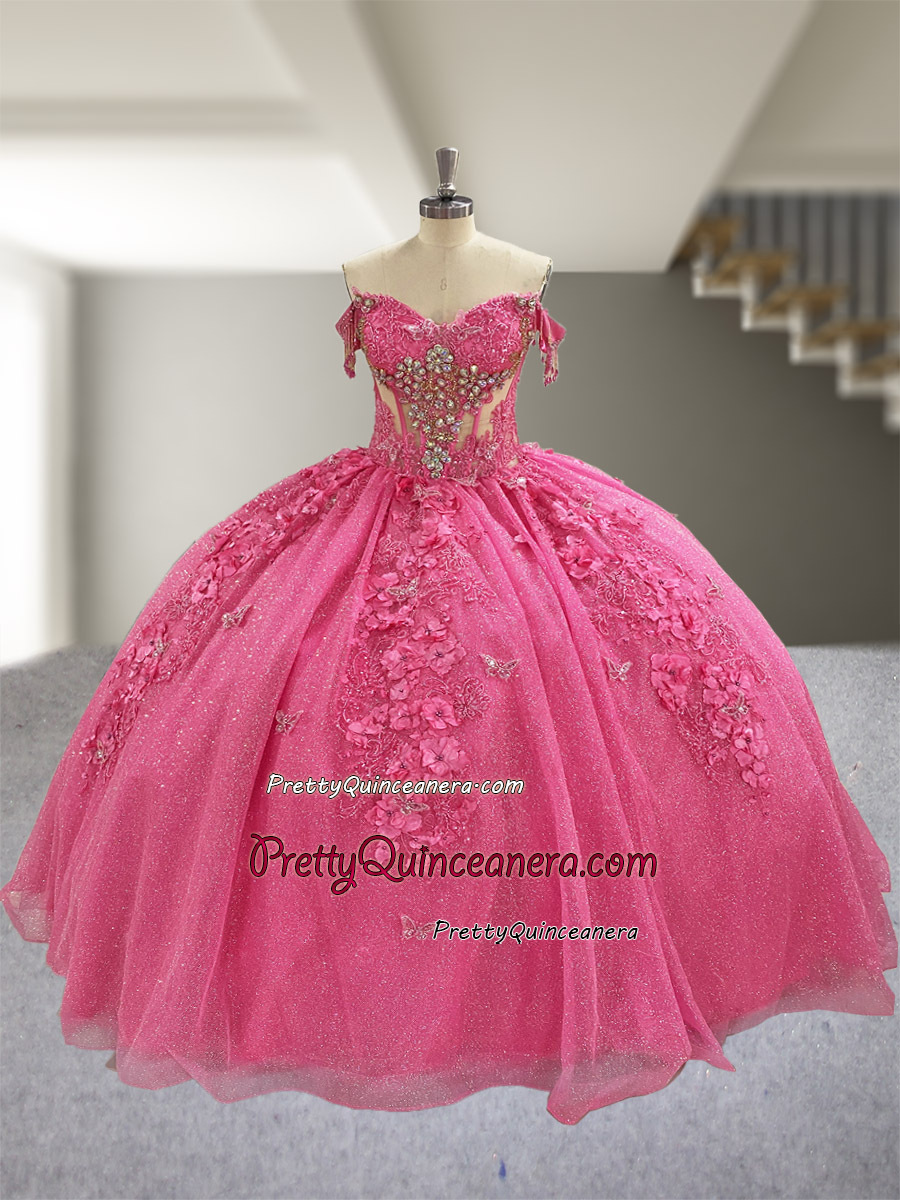 Glitter Tulle Hot Pink Sheer Corset 3D Floral Bow Back Quinceanera Gown Beaded Butterfly Sweet 16 Dress with Train