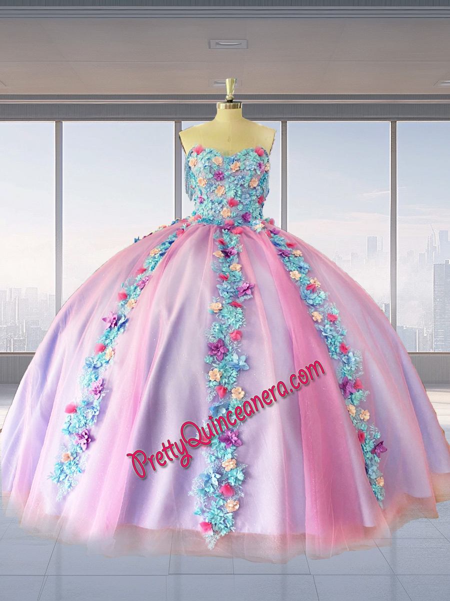 Sweetheart Straps Two Tone Handmade Multicolor 3D Flowers Quinceanera Dress with Sweep Train