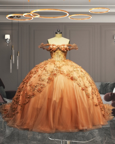 Custom Made Rose Gold 3D Flowers Floral Glitter Tulle Quinceanera Gowns Off Shoulder Sweet 16 Dress